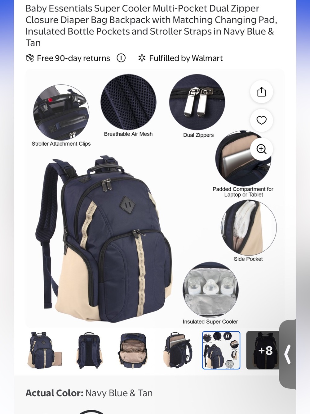 Baby Essentials Navy Blue & Tan Multi-Pocket Diaper Backpack